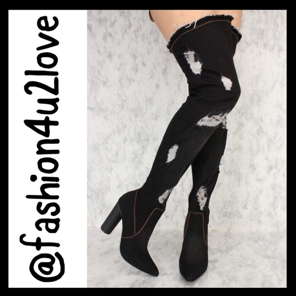 Cape Robbin Denim Distressed Thigh High Boots - Picture 5 of 7